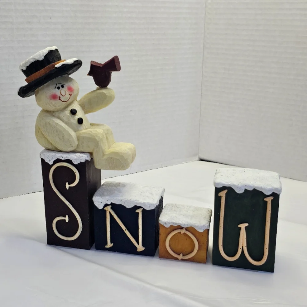 Crazy Mountain Snowman & Block Letters S N O W Figurines NOEL 1997 Vtg Gift Mom